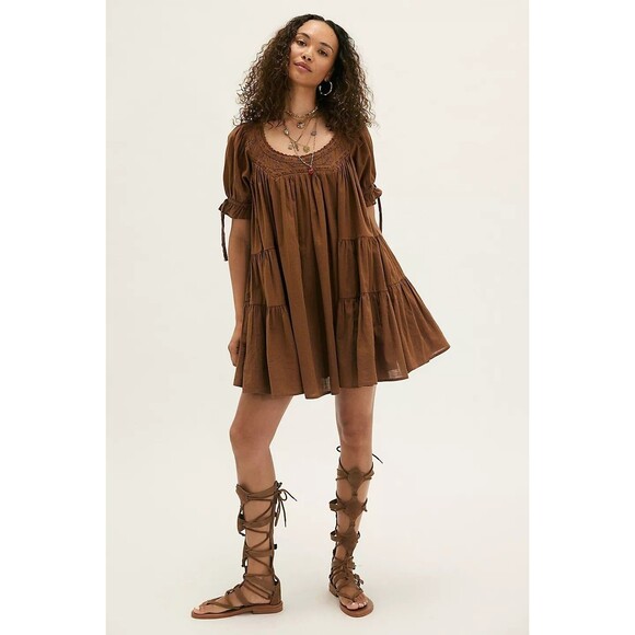 Free People Sandy Shores Babydoll Mini Dress Eyelet Embroidered Tiered S 283188 - Picture 1 of 8